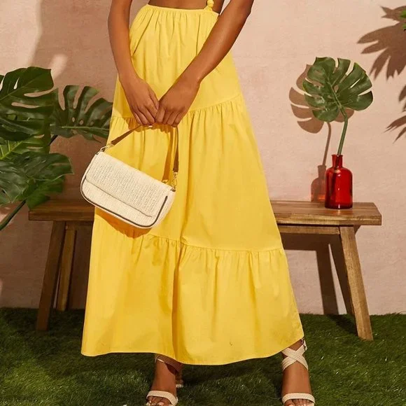 YELLOW PUFF SLEEVE ONE SHOULDER CUT OUT DETAIL MAXI DRESS SUMMER VACAY - Picture 5 of 8